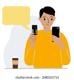 Online payment concept. A man holds a phone in one hand, a mobile phone in the other hand. Online shopping using a mobile phone. Vector flat illustration