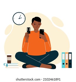 Online payment concept. The man sits cross-legged and holds a phone in one hand and a mobile in the other. Vector flat illustration