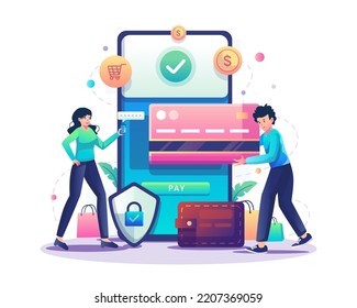 Online payment concept. A man and a woman doing a digital money transfer through a smartphone. Mobile Banking, secure payment, electronic bill payment. Vector illustration in flat style