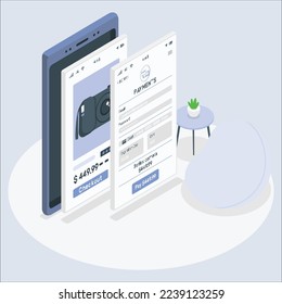 Online payment concept. moblie with electronic invoice. Financial transaction confirmation via SMS. Coins and card on background. Vector illustration in flat style.