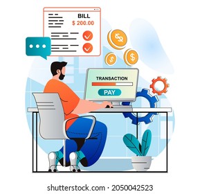Online payment concept in modern flat design. Man conducts online financial transaction with computer at home. Customer paying bill with credit card at website of banking. Vector illustration