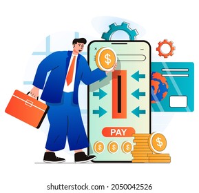 Concepto de pago en línea en diseño plano moderno. Empresario paga impuestos e invierte con aplicaciones móviles. El hombre realiza transacciones financieras con tarjeta de crédito en la banca en línea. Ilustración del vector
