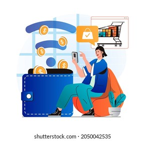 Concepto de pago en línea en diseño plano moderno. Mujer pagando por compras en aplicaciones móviles y ahorrando su dinero. El cliente utiliza el pago sin contacto en el smartphone de la tienda. Ilustración del vector