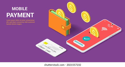 Online Payment Concept. Online Money Transfer From Wallet To Smartphone. Financial Transaction, Money Online, Digital Wallet, Business Finance. Isometric Vector Illustration