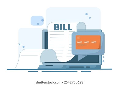 online payment concept on computer, flat cartoon paying big bill via payment card and laptop, financial accounting, electronic payment notification with digital receipt. Vector illustration.