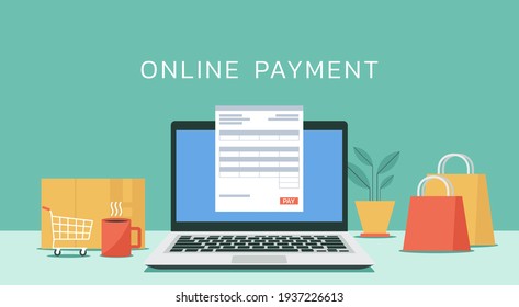 online payment concept on laptop computer with electronic receipt or financial transaction, flat design vector illustration