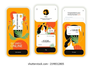 Online payment concept onboarding screens. Ordering goods on store page, digital invoice and paying in app. UI, UX, GUI user interface kit with flat people scene. Vector illustration for web design