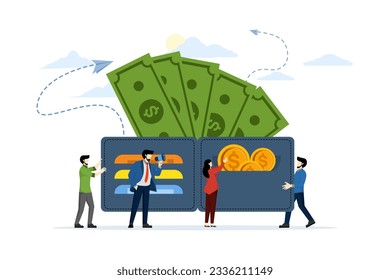 concepto de pago en línea, billetera abierta con monedas, billetera con billetes en dólares, pago electrónico o sin efectivo, tienda en cartera digital, ilustración vectorial plana sobre fondo blanco.