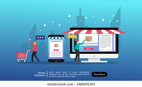 Online payment concept. people character illustration with phone and monitor doing online transaction and payment. flat style drawing . landing page template vector and easy to customize 