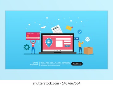 Online payment concept. people character illustration with laptop doing online transaction and payment. flat style drawing. credit card and box. landing page template vector and easy to customize 