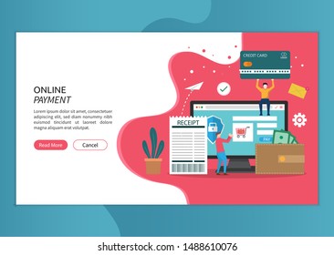 Online payment concept. people character illustration with monitor doing online transaction and payment. wallet, bills paper, and credit card. landing page template vector and easy to customize 