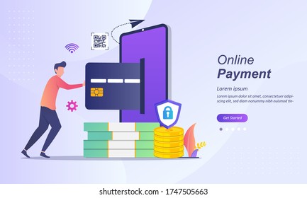 Online Payment concept, People character transfer money with atm on smartphone. Suitable for web landing page, ui, mobile app, banner template. Vector Illustration