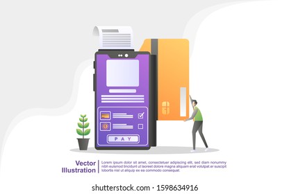 Online payment concept. People pay for online shopping using a debit or credit card. Online payment through the mobile app. Can use for web landing page, banner, flyer, mobile app. Vector Illustration