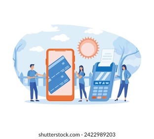 Online Payment concept. People paying taxes and debts on the cell phone apps using card.   flat vector modern illustration 