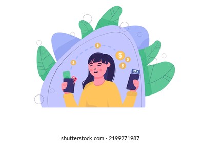 Online payment concept with people scene in the flat cartoon style. Girl pays for purchases and services via the Internet using only her phone. Vector illustration.