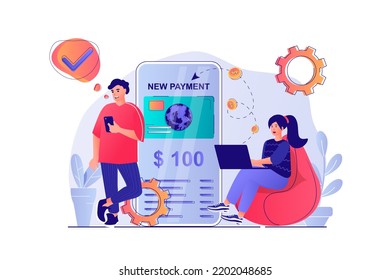 Online payment concept with people scene. Man and woman paying purchases with credit card in online banking, making financial transactions. Vector illustration with characters in flat design for web