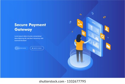 Online Payment Concept, Phone Mobile Payment Checkout Gateway Bank Transfer Vector Web Banners Illustration Website.