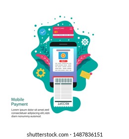 online payment concept. phone with printed bills paper. vector illustration
