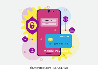 Concepto de pago en línea. Teléfono con interfaz de usuario. Puede utilizarse para banner web, página de inicio, plantilla web.