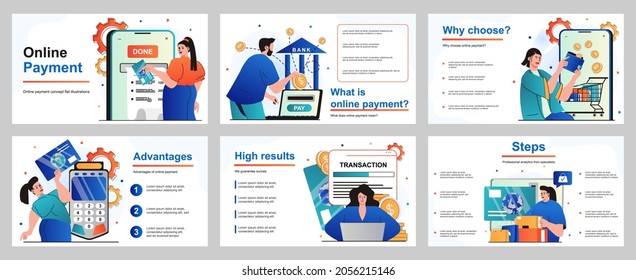 Online Payment Concept For Presentation Slide Template. People Paying For Purchases With Credit Card, Conducts Financial Transaction, Using Online Banking App. Vector Illustration For Layout Design