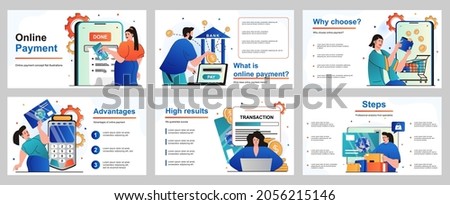 Online payment concept for presentation slide template. People paying for purchases with credit card, conducts financial transaction, using online banking app. Vector illustration for layout design