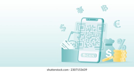 Concepto de pago en línea. Pago o compra utilizando un escaneo de código QR, transacciones electrónicas y transferencia de dinero usando plataformas digitales. Ilustración de diseño de vector plano con espacio de copia.