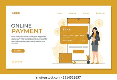 Online payment concept scanning qr code credit card Landing page template for website and mobile website development.