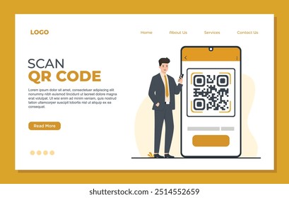 Conceito de pagamento online digitalizando qr code cartão de crédito Modelo de página inicial para desenvolvimento de site e site móvel.