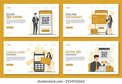 Online payment concept scanning qr code credit card Landing page template for website and mobile website development.