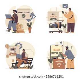 Online payment concept scenes set in flat web design. People in situations of getting digital bills and invoice, making financial transactions, paying by purchase in mobile apps. Vector illustrations.