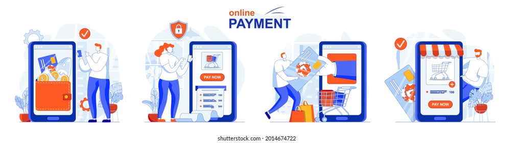 Conjunto de conceptos de pago en línea. Transacciones financieras, contabilidad, pago por compras. La gente aisló escenas en diseño plano. Ilustración vectorial para blogs, sitio web, aplicación móvil, materiales promocionales.