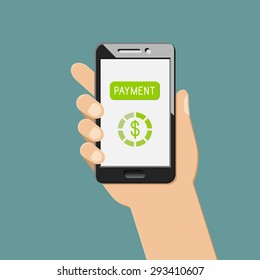 Online payment concept with smartphone in the hand. Money transaction with mobile app.