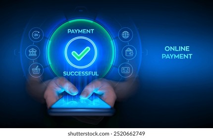 Online payment concept. Payment successful notification. Online payment via banking application using smartphone. Online shopping. Financial transaction. Smartphone in hands. Vector illustration.