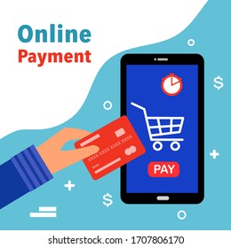 Online payment concept vector illustration. Hand holding credit card. Customer paying for purchase online by credit card and smartphone. Online shopping.