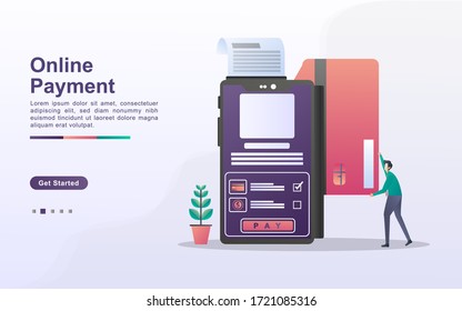 Ilustración vectorial de concepto de pago en línea. concepto de pago móvil o transferencia de dinero. Compra en el mercado electrónico ilustraciones en línea con personajes diminutos. Plantilla para página de inicio, banner, ui.