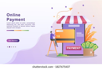 Online payment concept vector illustration. mobile payment or money transfer concept. E-commerce market shopping online illustration with tiny people character. Template for landing page, banner, ui.