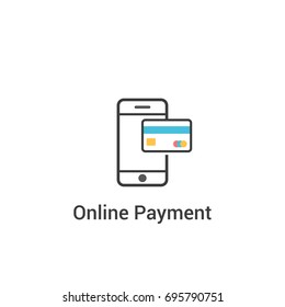 Online payment concept. Vector illustration in flat line style. Phone with credit card