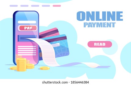 Online payment concept. Vector of a smartphone, credit cards and mobile banking app