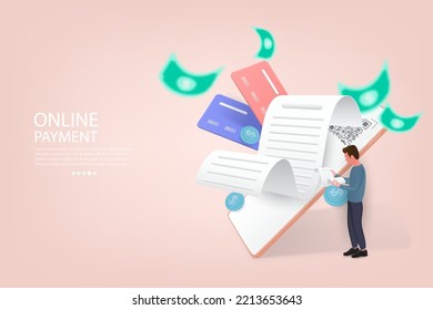 Online Payment concept via mobile phone.People character holding bill paper and transfer money with smartphone app.Design for web landing page, ui, mobile app, banner template.3d Vector Illustration.