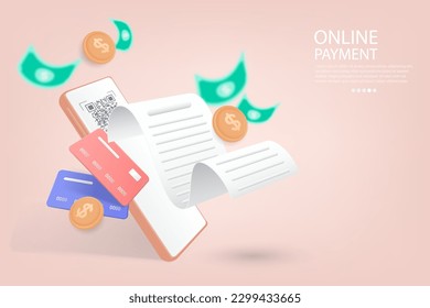 Concepto de pago en línea a través del teléfono móvil.Transferir dinero con la aplicación para smartphone.Diseño para página de inicio web, ui, aplicación móvil, plantilla de banner.3d Ilustración vectorial.