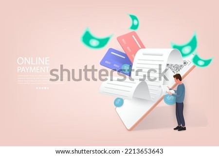 Online Payment concept via mobile phone.People character holding bill paper and transfer money with smartphone app.Design for web landing page, ui, mobile app, banner template.3d Vector Illustration.