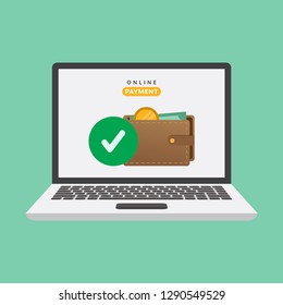 Online Payment concept, wallet, money and laptop, transfer or payment online, flat design vector illustration