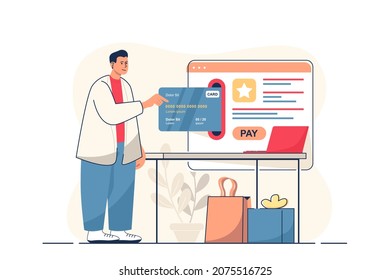 Online payment concept for web banner. Man pays purchases with credit card in online banking using website form, modern person scene. Vector illustration in flat cartoon design with people characters