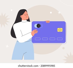 Online payment concept. Woman holding debit or credit card and paying or shopping online or purchasing. Flat style vector illustration.