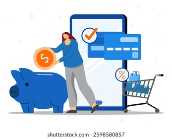 Online payment concept. A woman putting coin into piggy bank after paying for her shopping in shopping cart using credit card. 