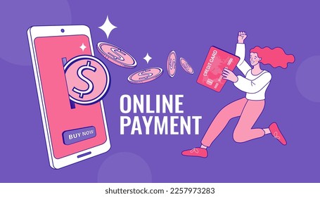Online payment concept. Woman standing near big credit card. Minimalism design with exaggerated objects. Internet digital store scene with women shopping E commerce. Vector flat style illustration.