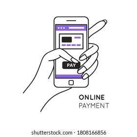 Online payment concept - woman's hand holding the phone and pressing the pay button 