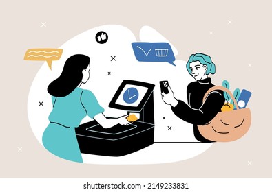 Concepto de pago en línea. Muchacha aplica smartphone a terminal, innovación y servicio moderno. Personaje en tienda de comestibles, empleado en el despido, cliente. Dibujo vectorial plano de dibujos animados