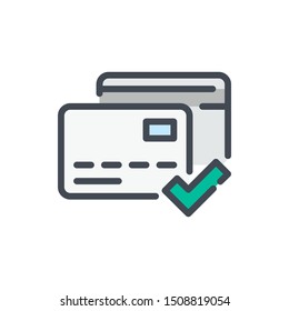 Online Payment Confirmation Color Line Icon. Credit Card With Check Markvector Outline Colorful Sign.