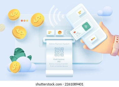 Online payment. Contactless payment with smartphone. RFC technology. Transferring money from a mobile device. Mobile device with money transfer payment system interface. Vector illustration in 3d styl